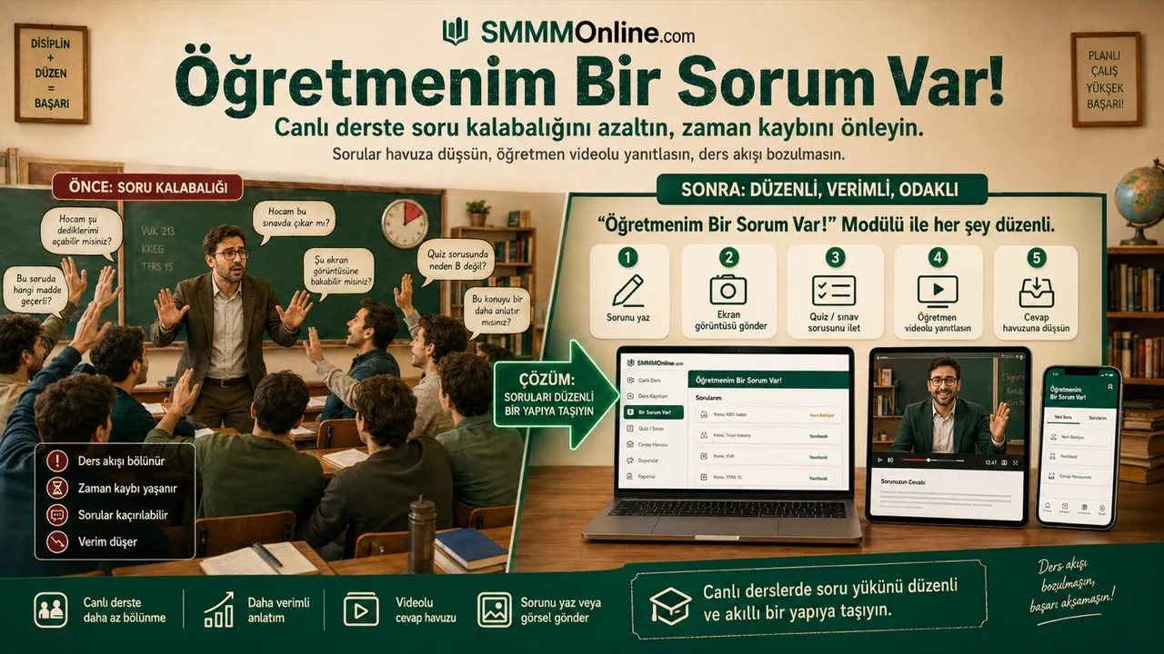 Öğretmenim Bir Sorum Var! — Canlı derste soru kalabalığını azaltın, sorular havuza düşsün, öğretmen videolu yanıtlasın.